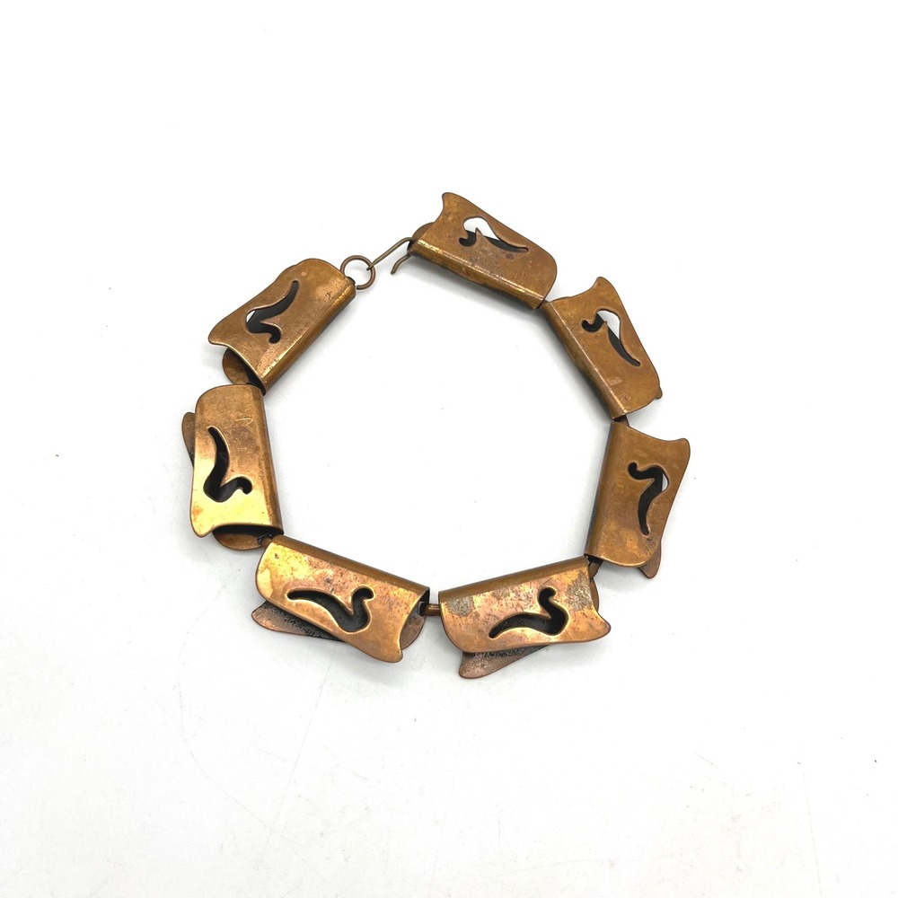 Vintage Copper Abstract Swan Bird Cutout Link Bracelet Mid Century Modern 11in